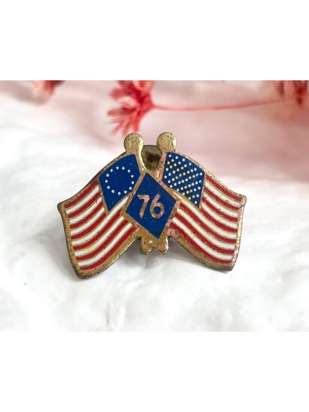 Bicentennial Double American Flag Patriotic Vintage Tiny Enameled Gold Toned Pin